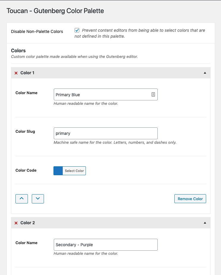 Creating your color palette on Settings > Toucan Colors page