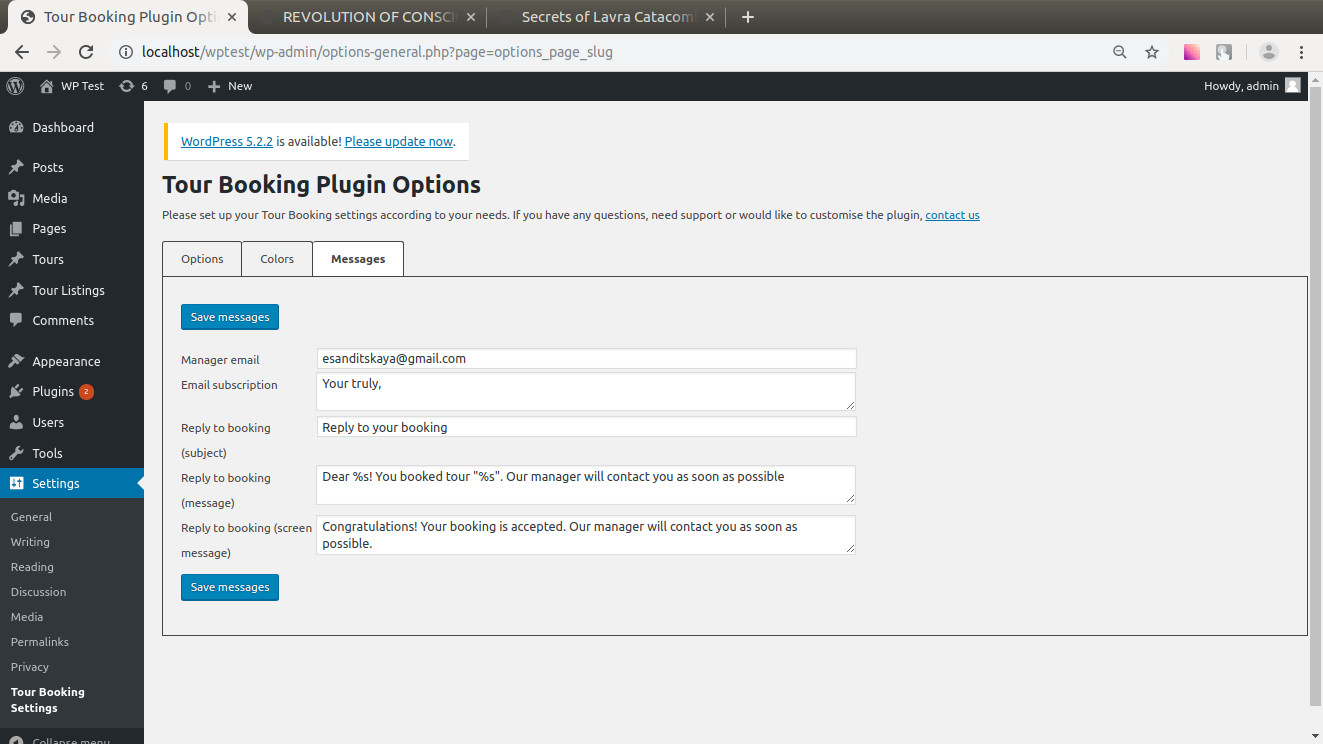 Admin page for the plugin: general settings