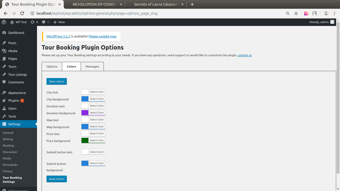 Admin page for the plugin: color settings