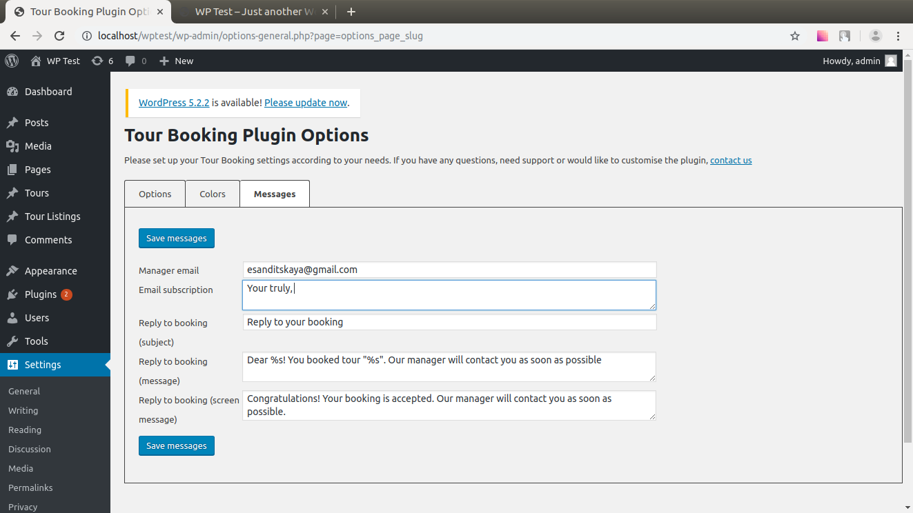 Admin page for the plugin: settings for the messages