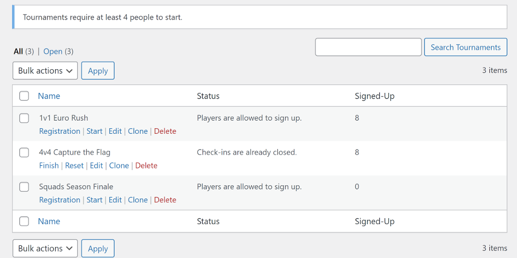 The WordPress backend **All Tournaments** list. Here you can find actions for **Registration** (for manually registering competitors), **Start**, **Reset**, **Finish**, **Edit**, and **Clone**.