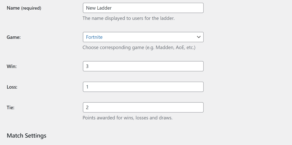 The WordPress backend **Create new ladder** form. You can choose how many points to reward for wins, losses, and draws.