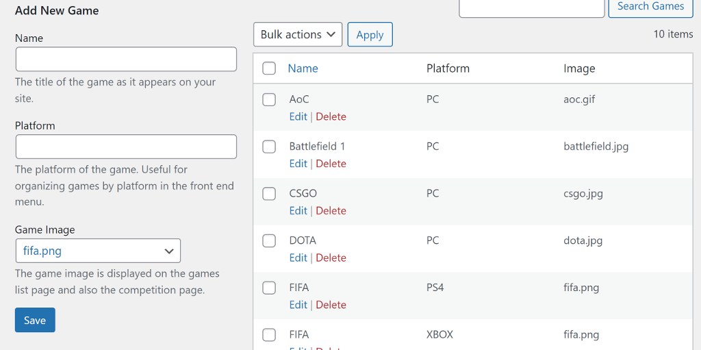 The WordPress backend **Manage Games** page. You can upload game thumbnails, create new games, edit existing games, and delete games on this page.