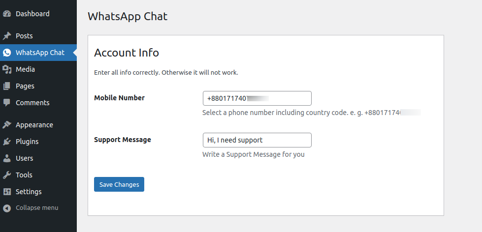 WhatsApp Chat Configuration