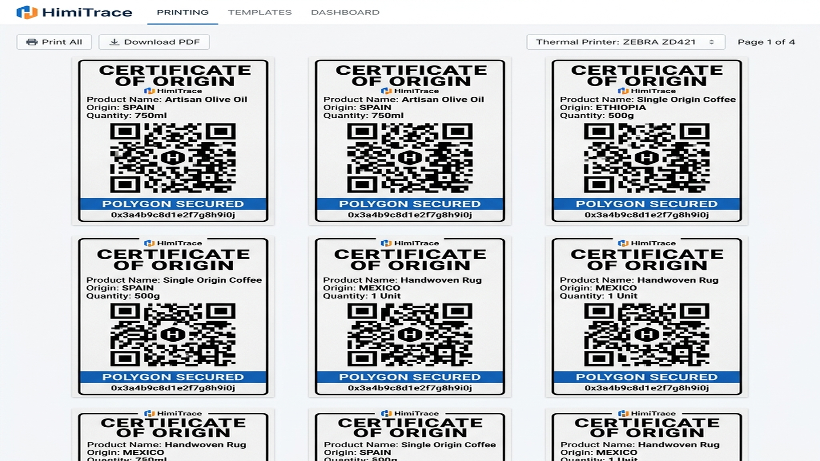 Blockchain registration box and traceability metadata on the WooCommerce Product Edit screen.