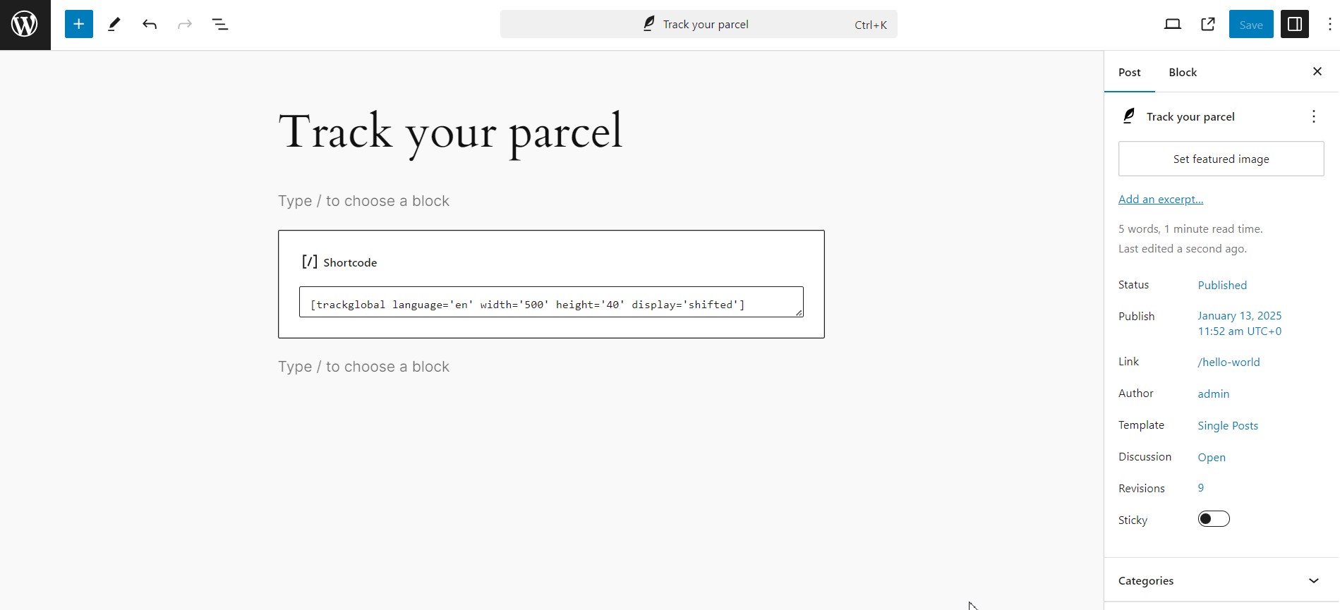 Adding a shortcode to a page.
