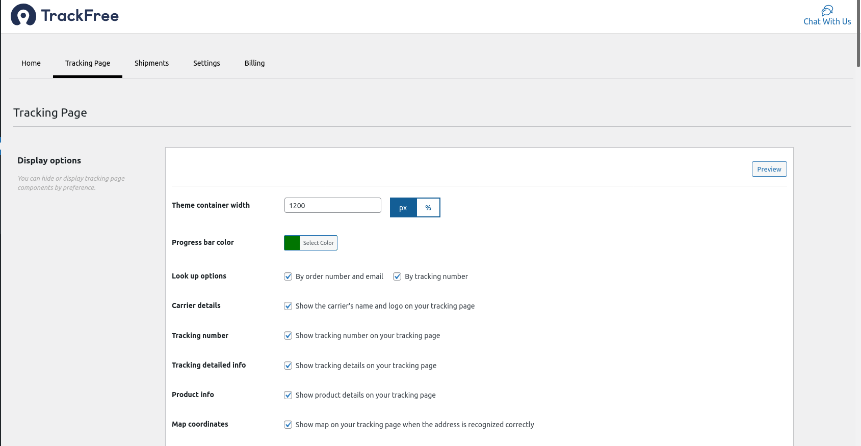 TrackFree Tracking page