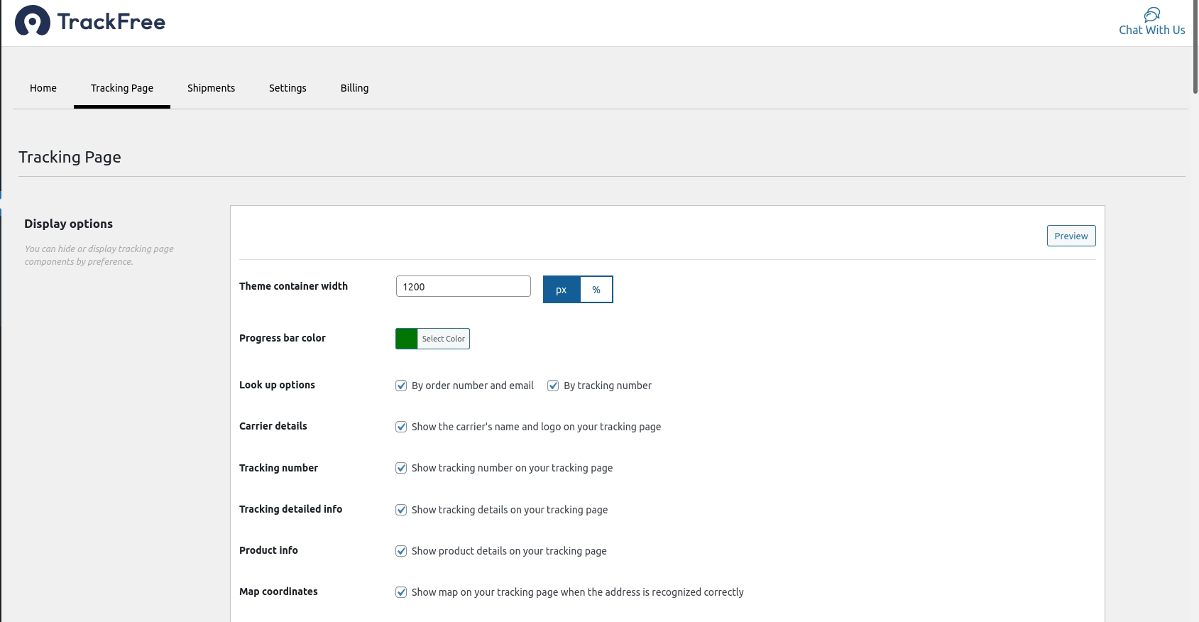 TrackFree general settings