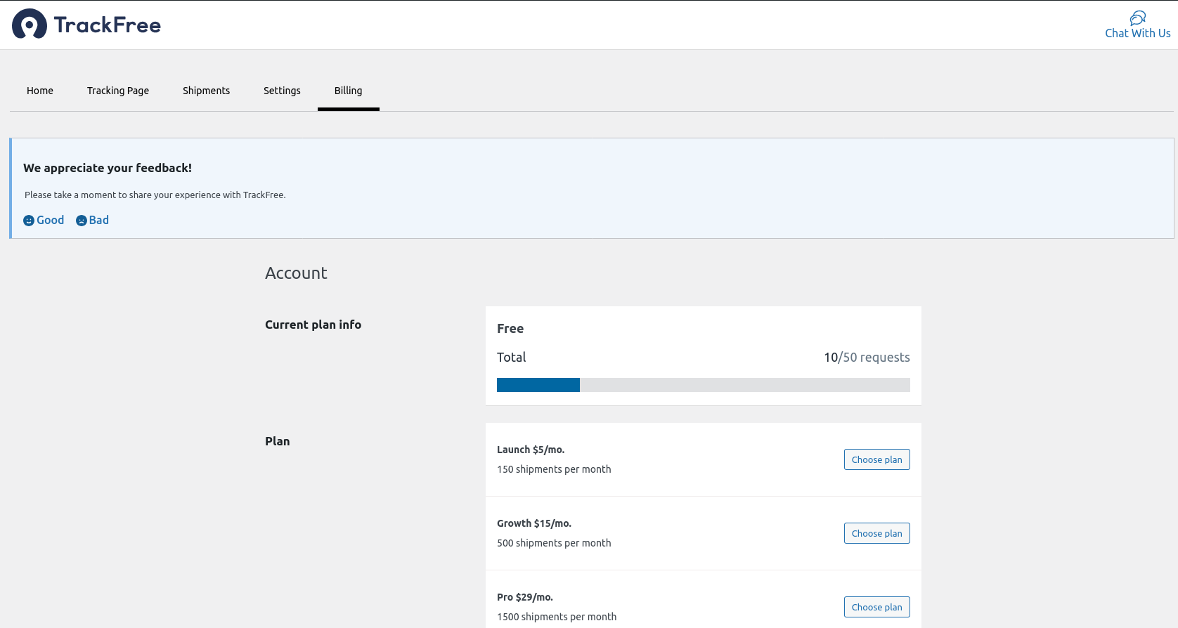TrackFree Account page