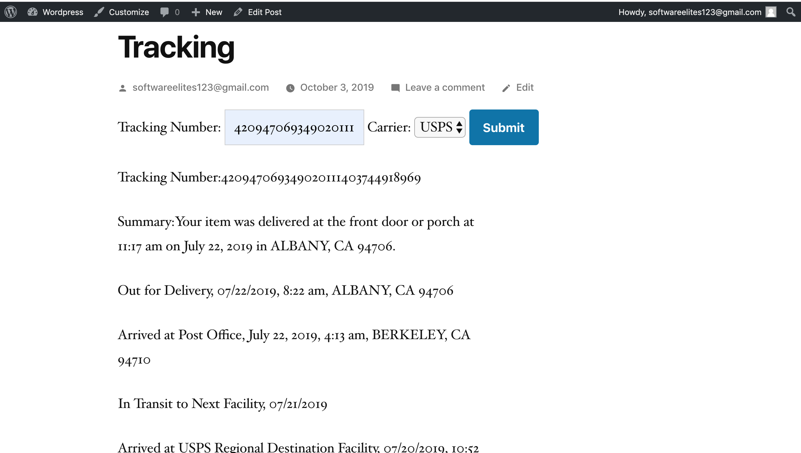 Example of tracking status for USPS