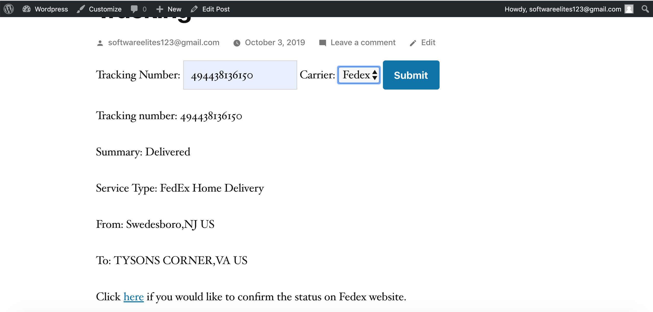 Example of tracking status for Fedex