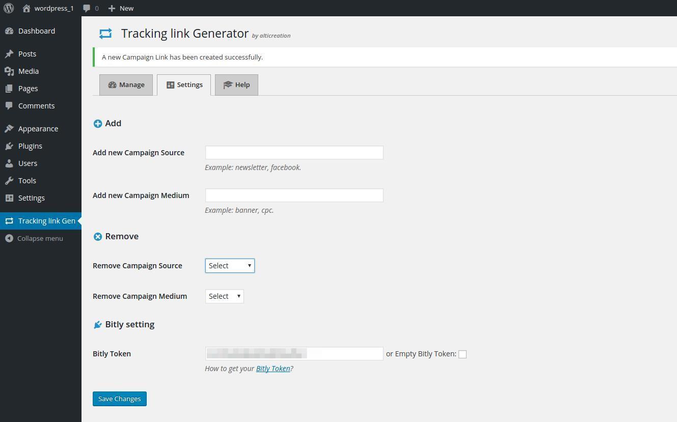 The settings tab to set up bitly and add campaign parameters.