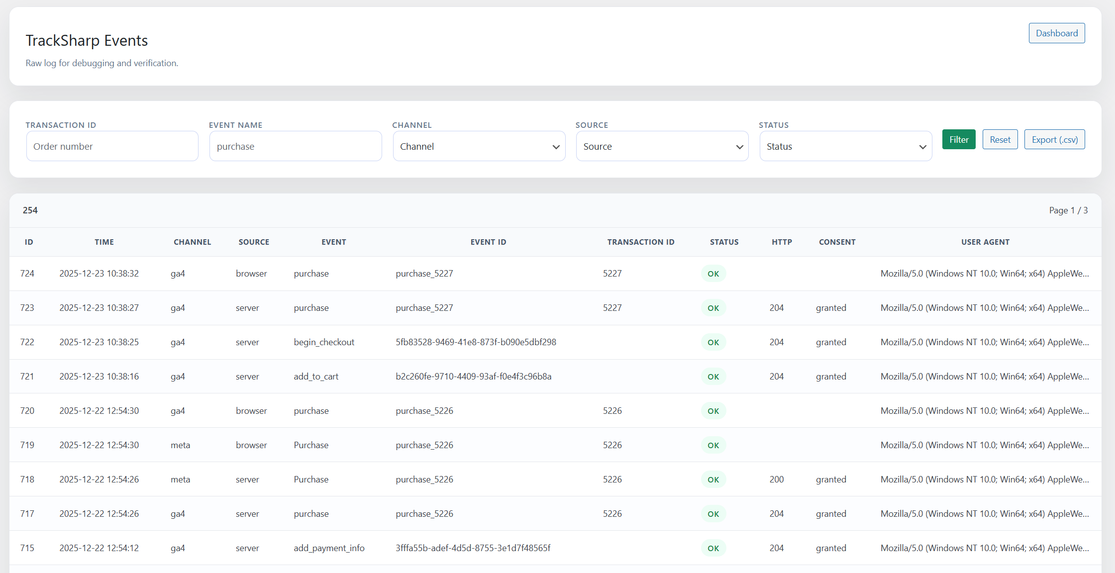 Events Log – filters, status indicators, and CSV export