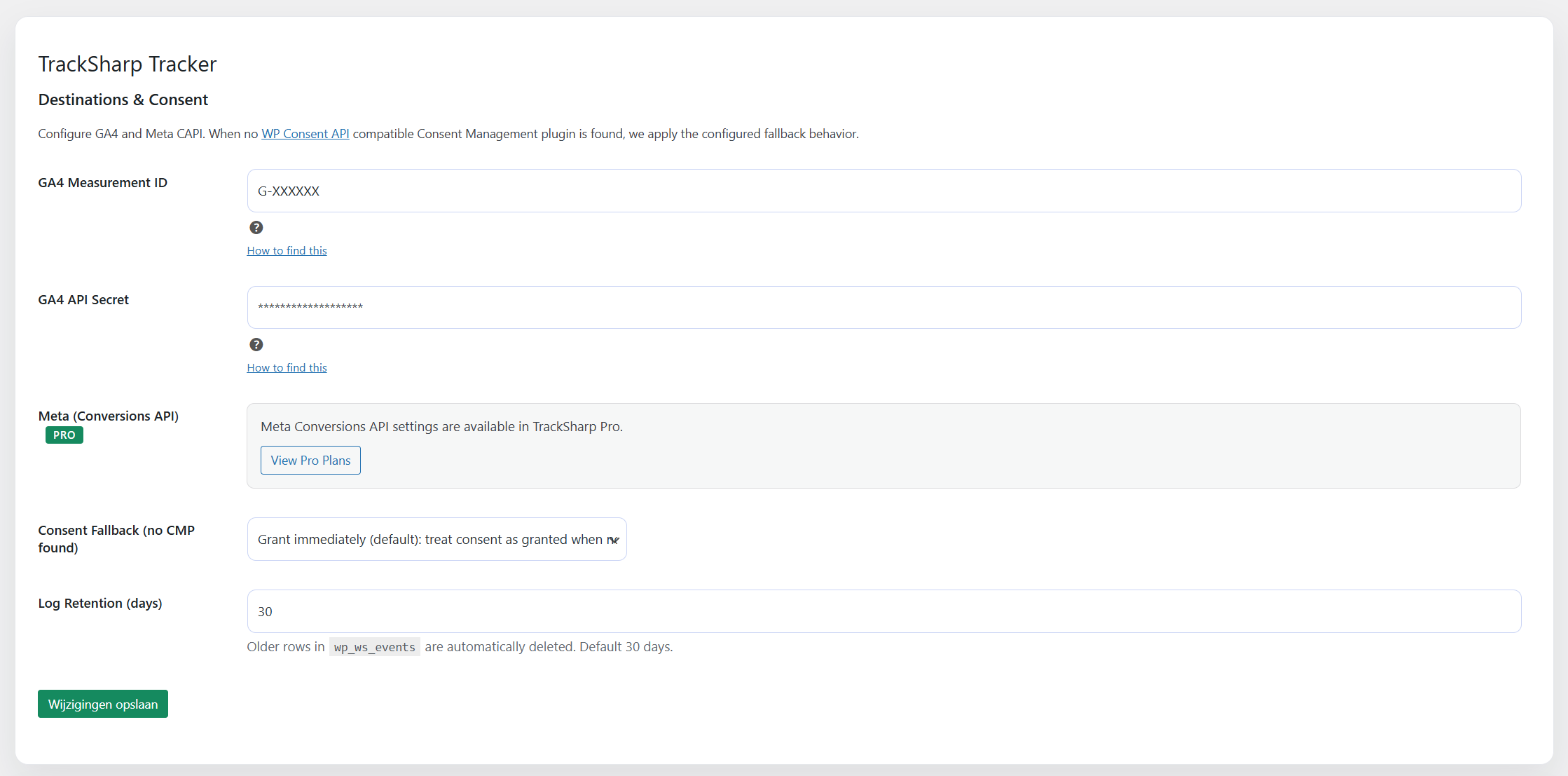 Settings – GA4 credentials and consent configuration