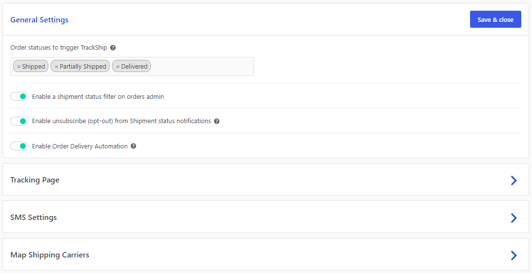 Shipment emails trigger automatically by status, and you can choose which shipment statuses send notifications.