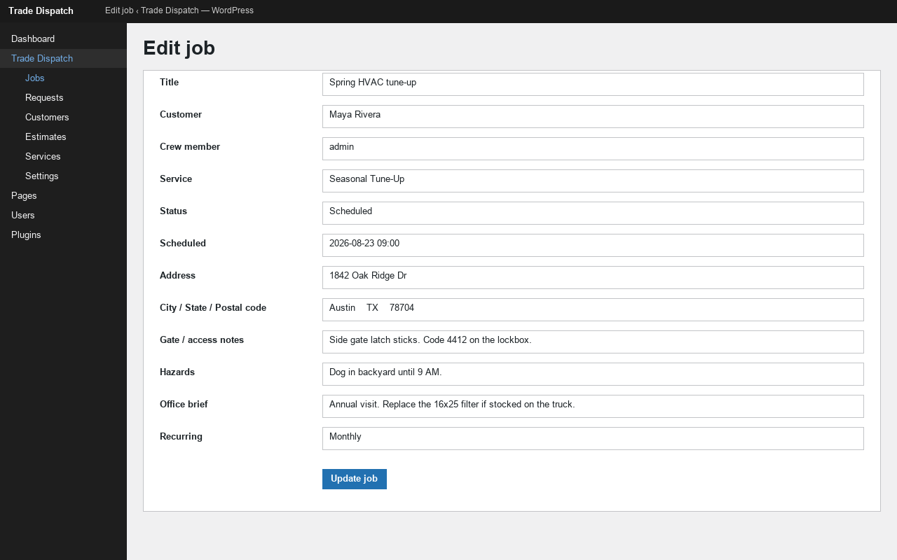 Job edit — address, gate notes, hazards, assignee, and office brief.