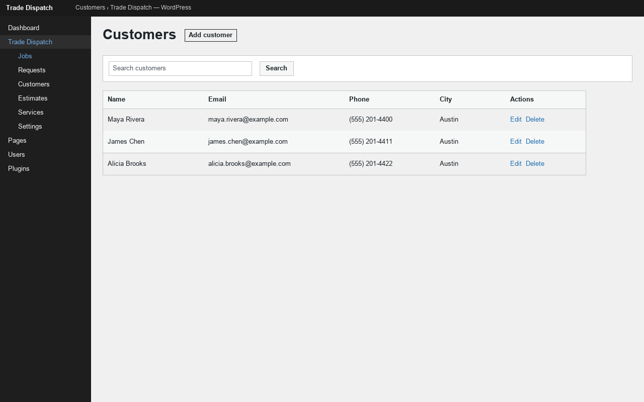 Customers — names, phones, and property addresses on your WordPress site.