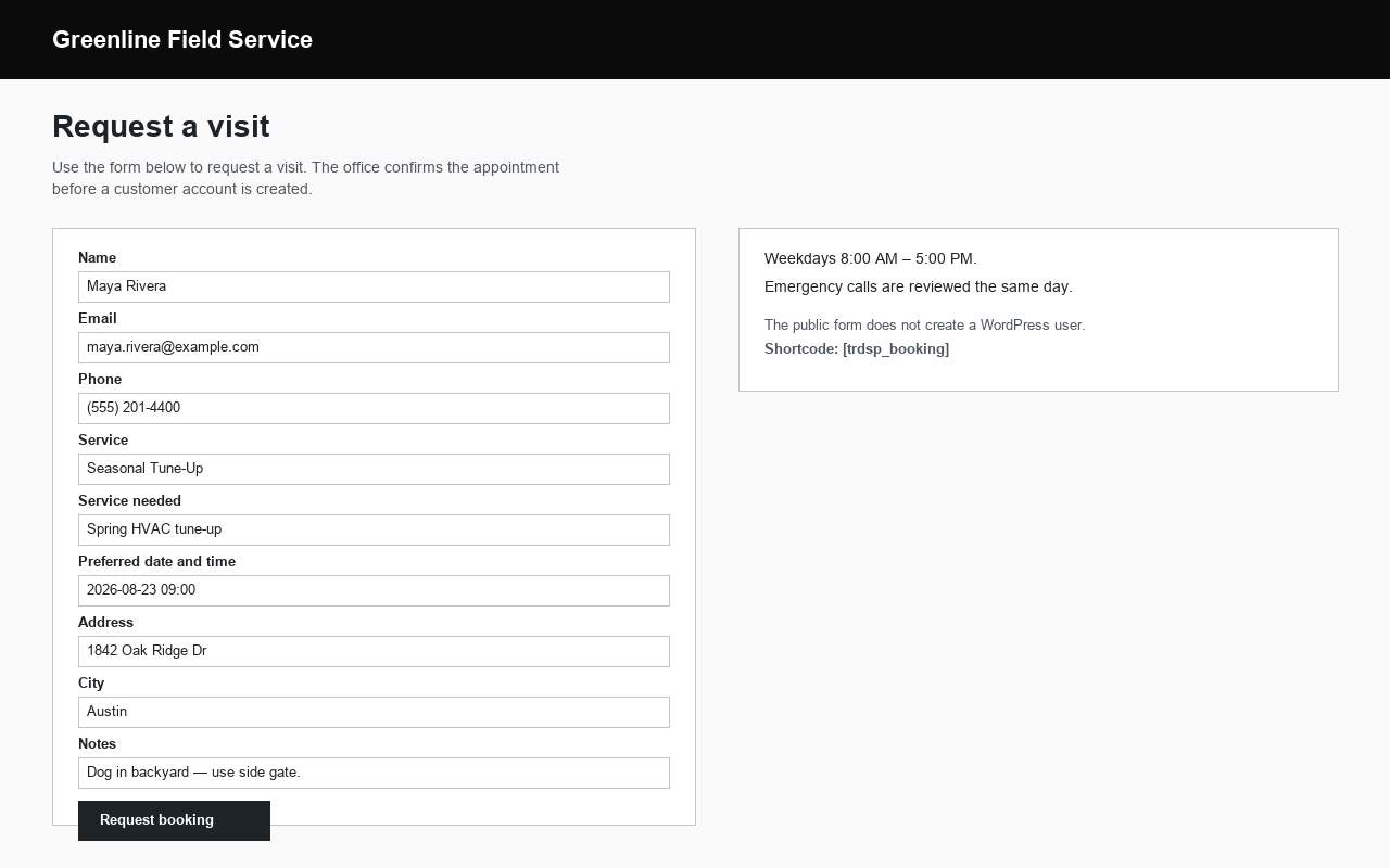 Public booking form (`[trdsp_booking]`) — visitors request a visit without creating an account.