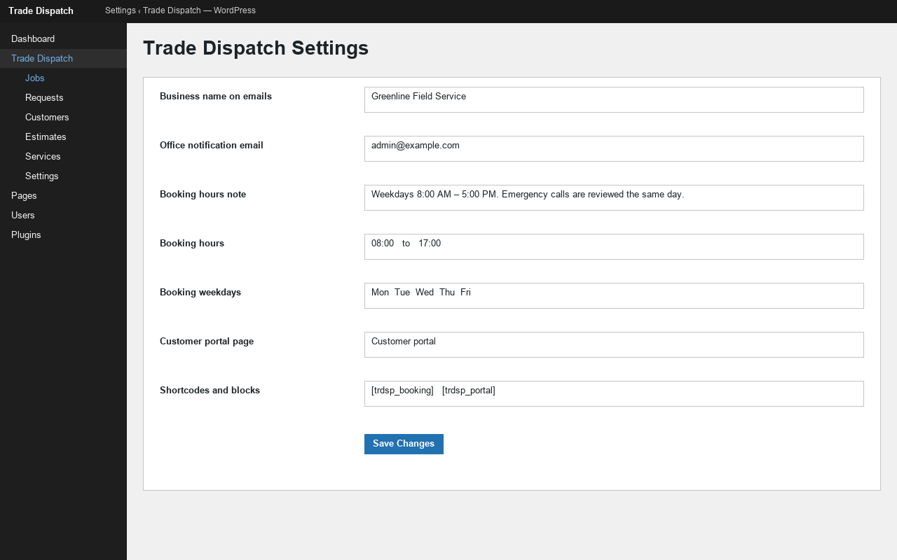Settings — business name, booking hours, and the customer portal page.