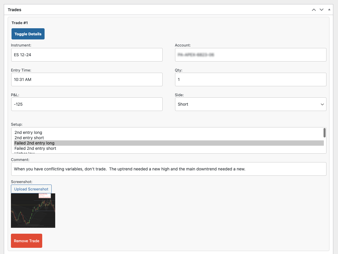 **Edit Trades** - Modify individual trade properties, add screenshots, and configure trade setups.