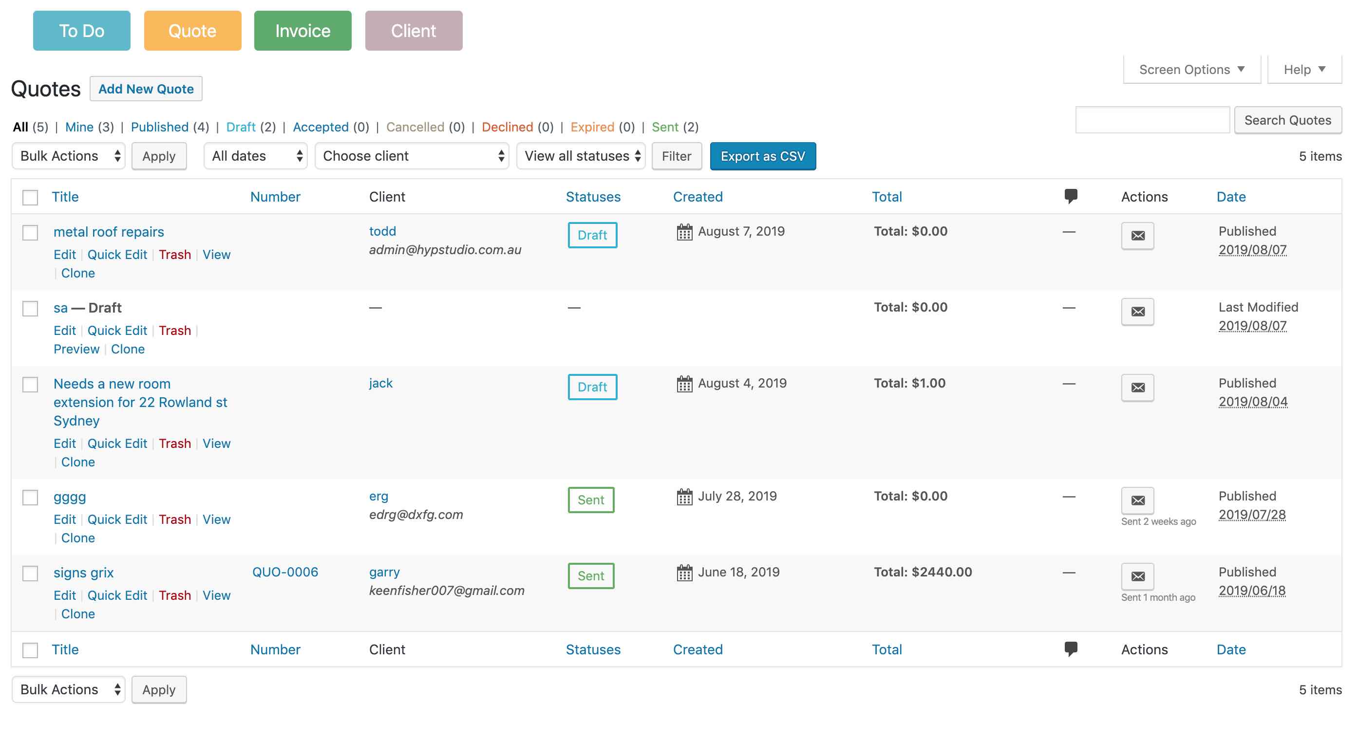 Easily create quotes manually or auto created when website form is filled on your website.