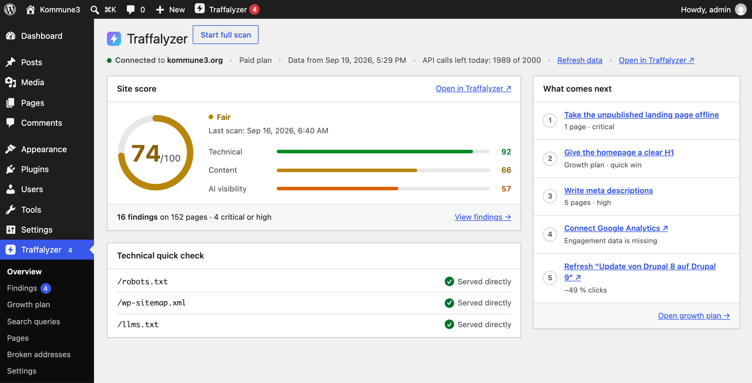 Overview in the WordPress admin: site score, what comes next and a technical quick check of robots.txt, sitemap and llms.txt.