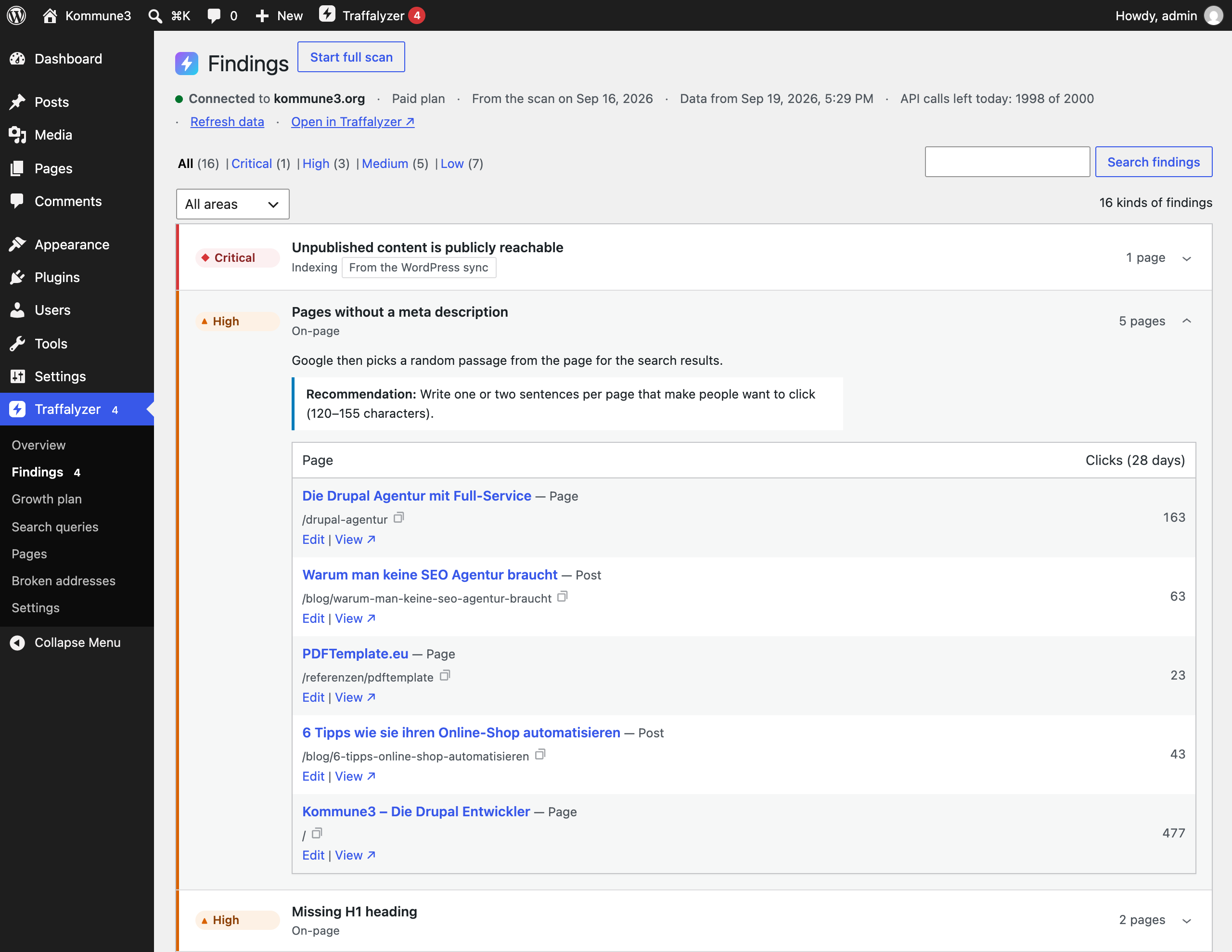Findings: every affected page with its clicks and a direct edit link.