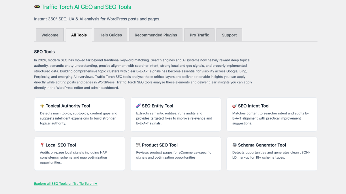 Traffic Torch educational admin dashboard with Welcome, All Tools, Help Guides, Recommended Plugins.