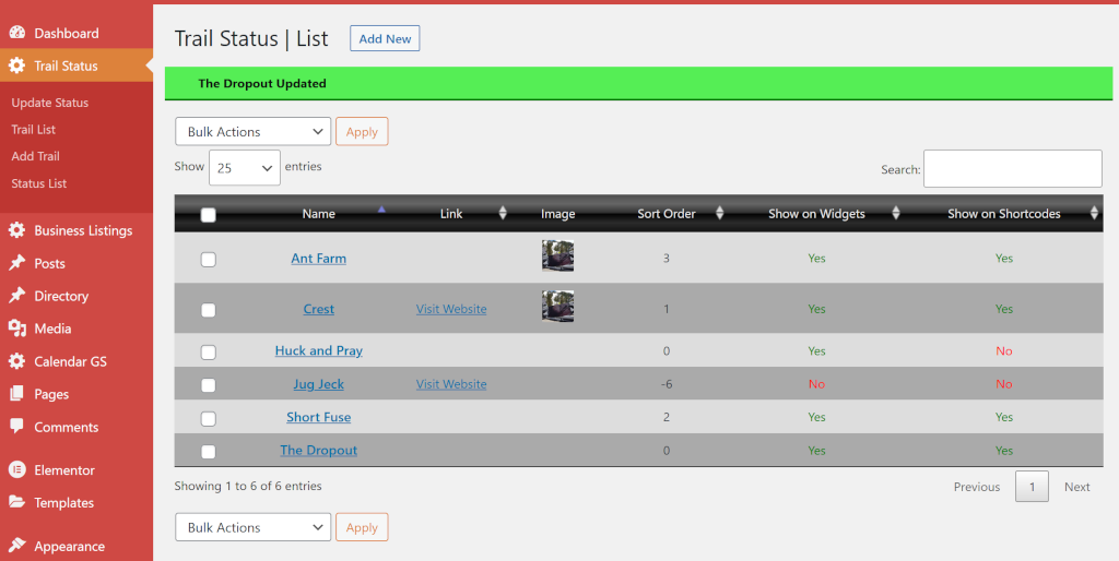 Admin Trail List Page