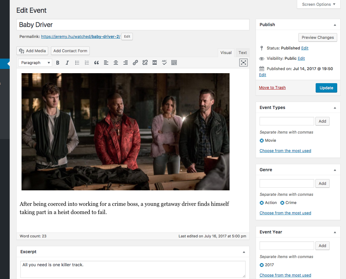 Movie: example of a movie and some of the details logged for that movie.
