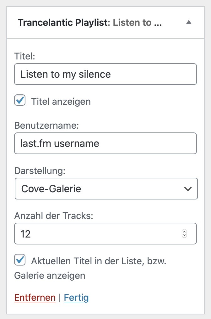 Trancelantic Playlist widget admin page.