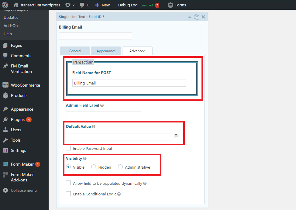 Form Settings->Transactium menu