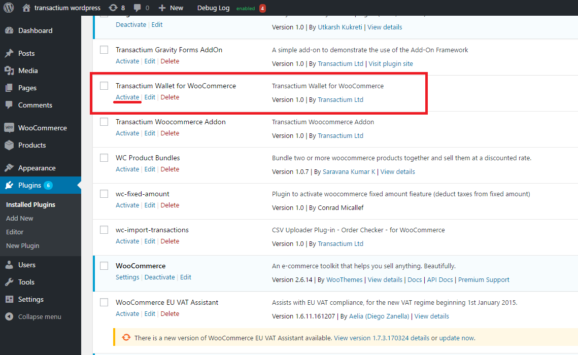 Activate Transactium Wallet for WooCommerce