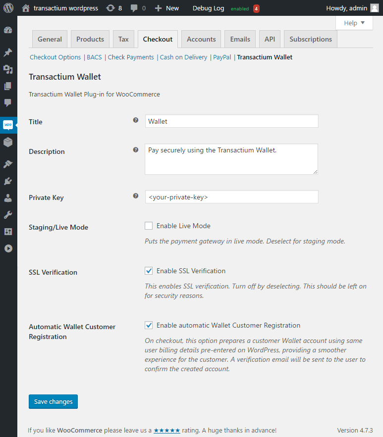 Transactium Wallet settings page under **WooCommerce->Settings->Checkout->Transactium Wallet**.