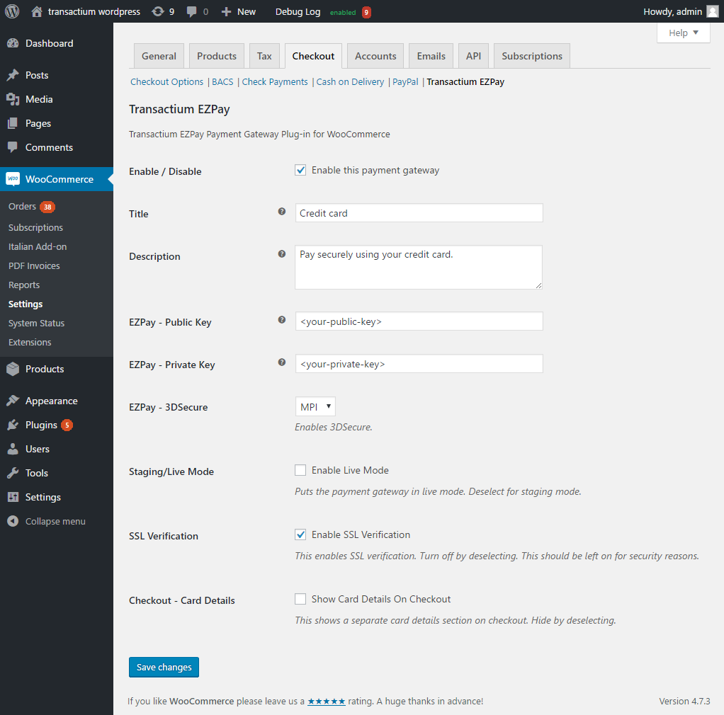 Transactium EZPay settings page under **WooCommerce->Settings->Checkout->Transactium EZPay**.