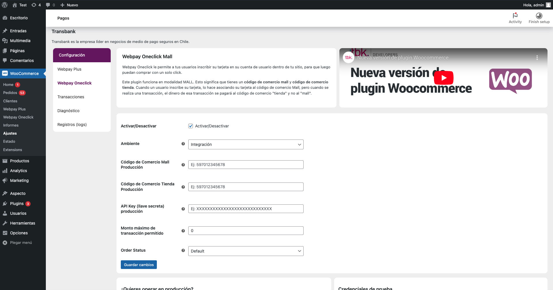Página de configuración de Webpay Oneclick