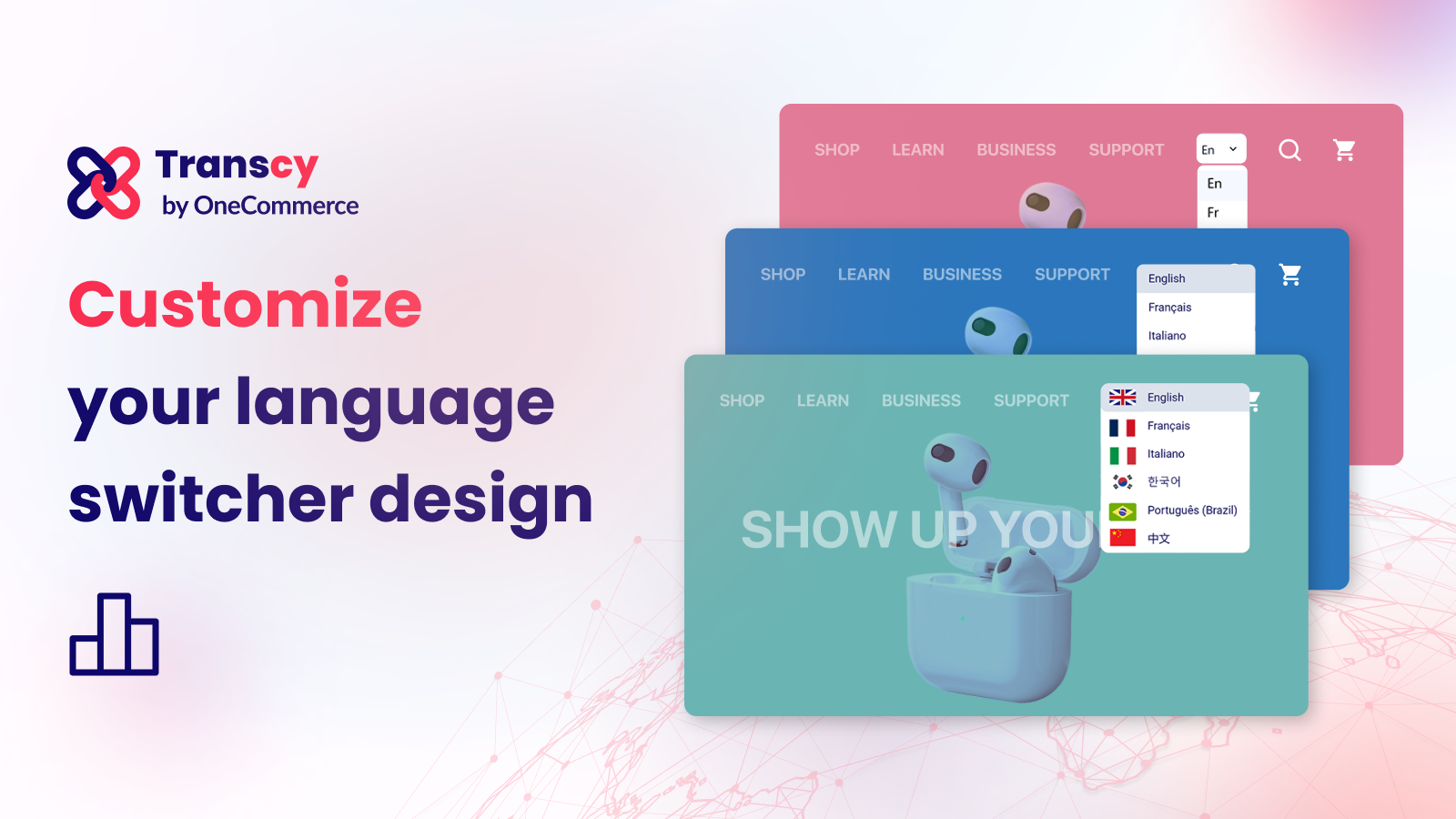 Customize your language and currency switcher design to match your site and stand out