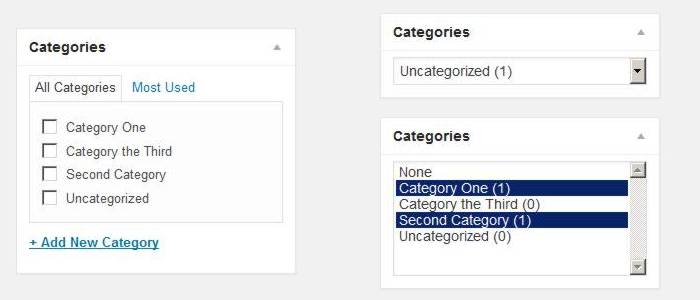 The normal Post Categories before transformation, and after; top right as a single select dropdown and bottom right as a multiple choice one.