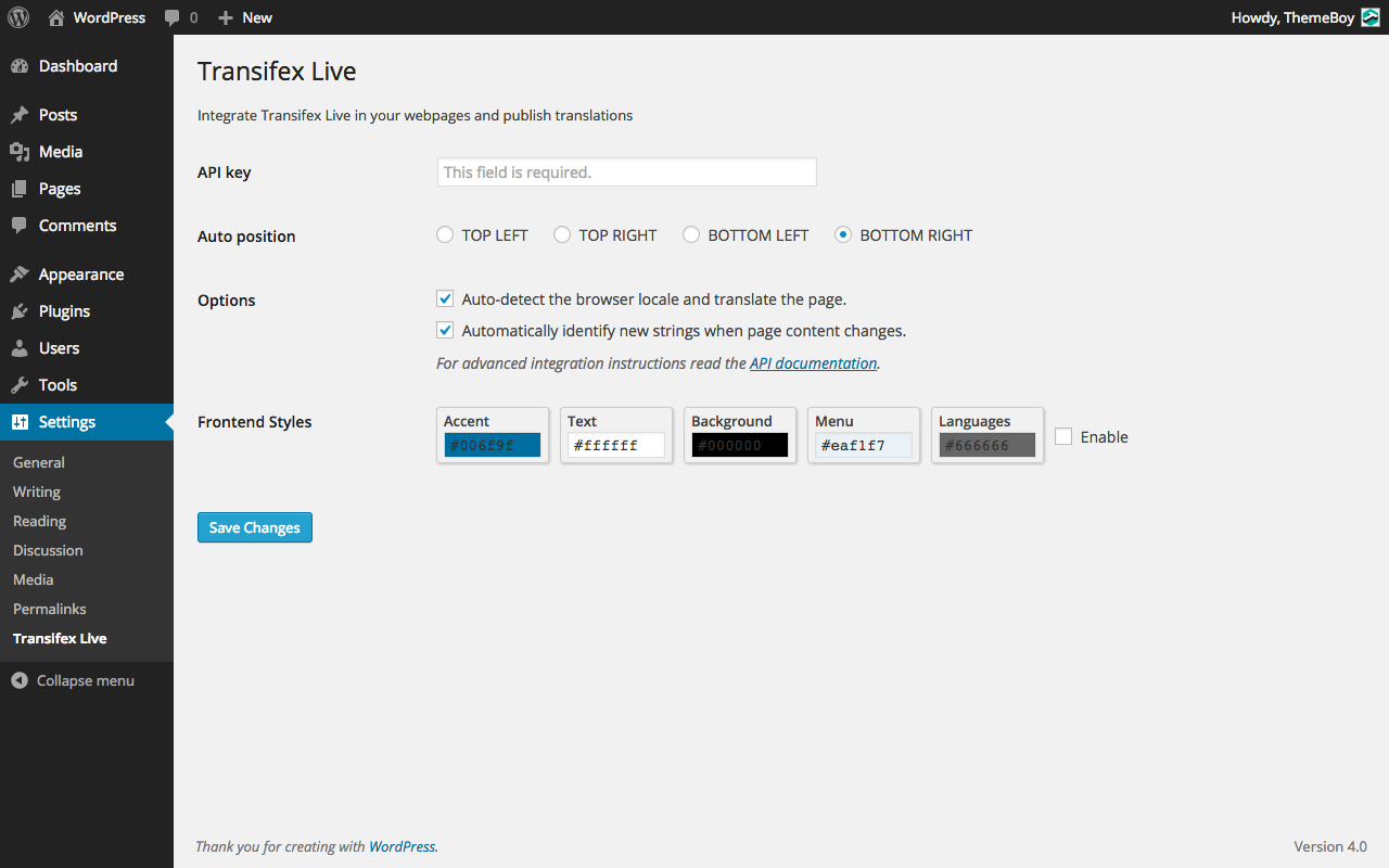 Transifex Live settings with default options.