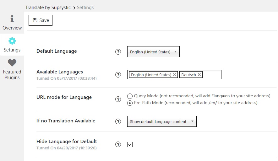 Translate plugin settings