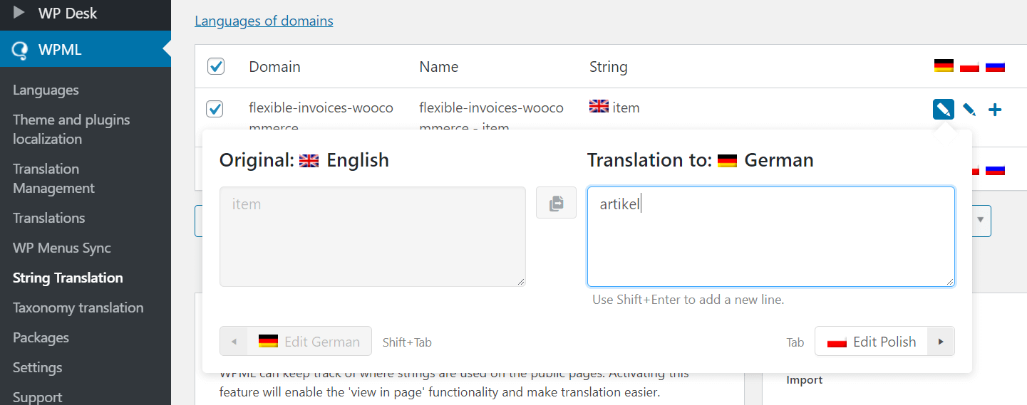 Translate email headers with String Translation in WPML.
