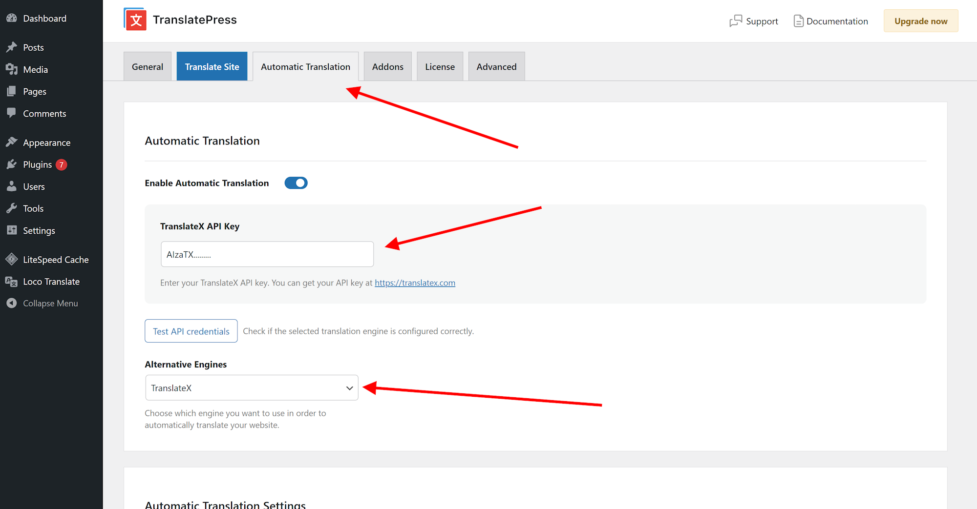 TranslatePress Automatic Translation settings page