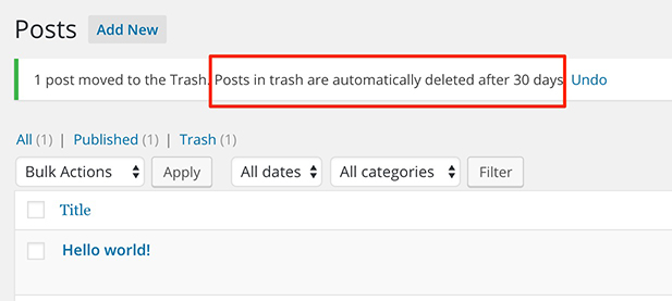 Adds the message to message that show when you trash a post.