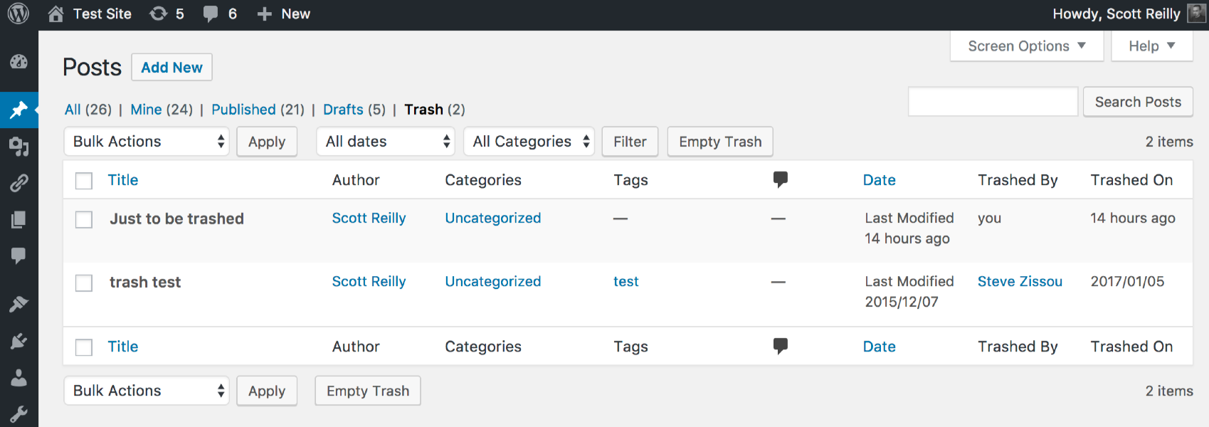 The admin post trash listing showing the added "Trashed By" and "Trashed On" columns.