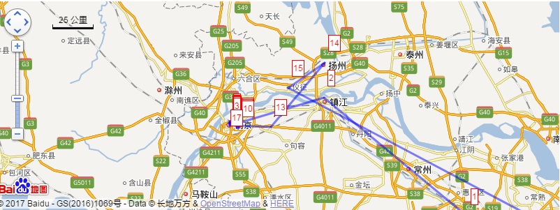 Snapshot for a travel map in editing with number marked markers.