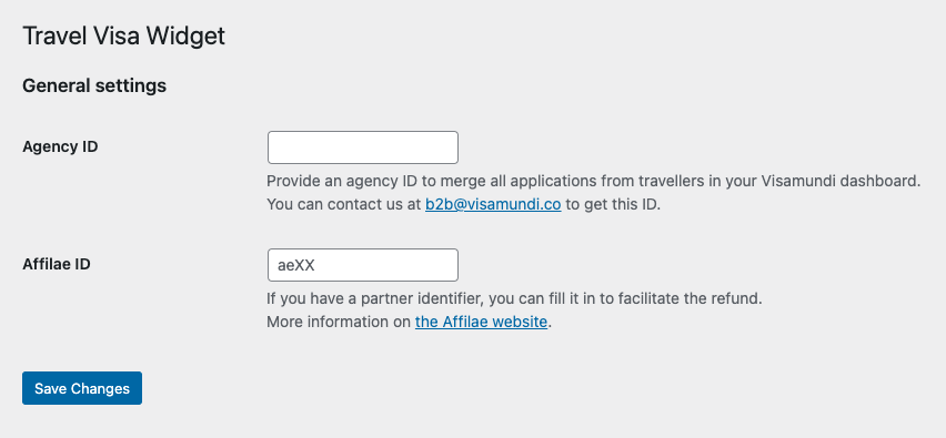 The settings page