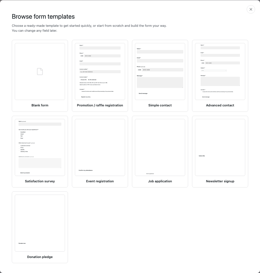 The template picker, with nine ready-made forms to start from.