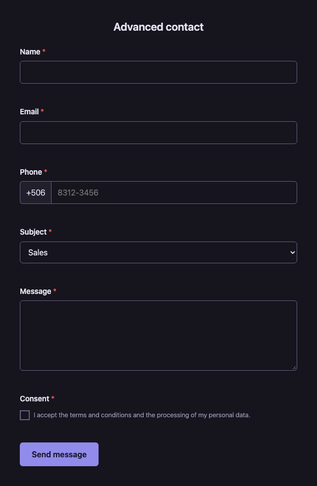 The same form in dark mode.