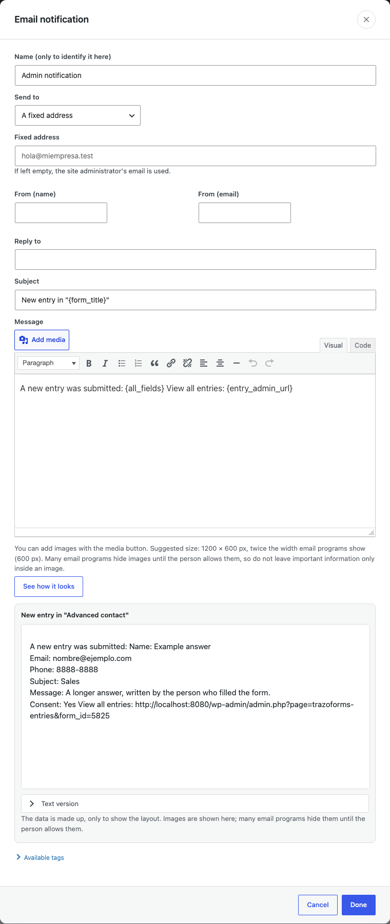 The email notification editor, with a live preview using made-up sample data.