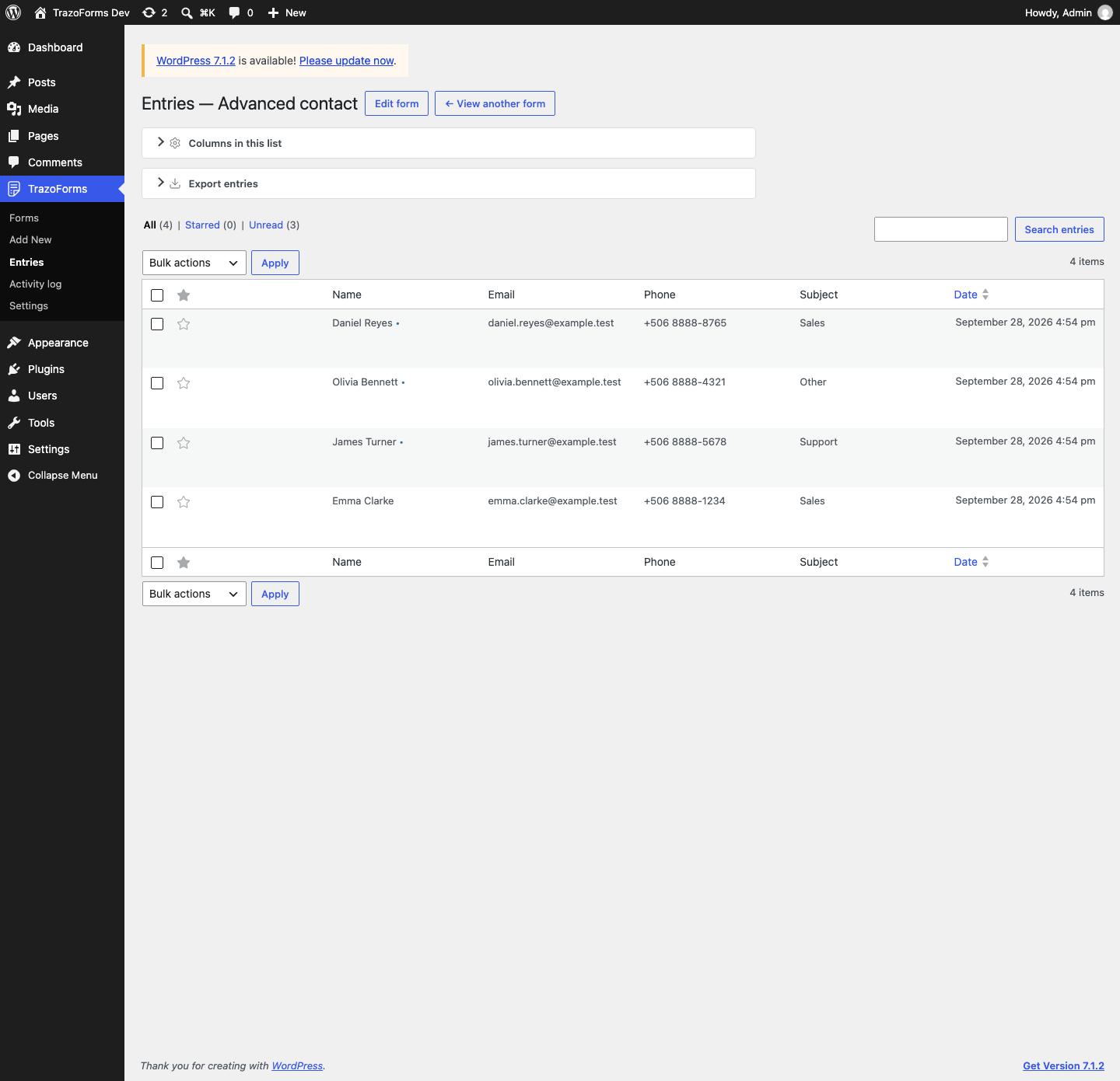 The entries list, with search, filters and export.